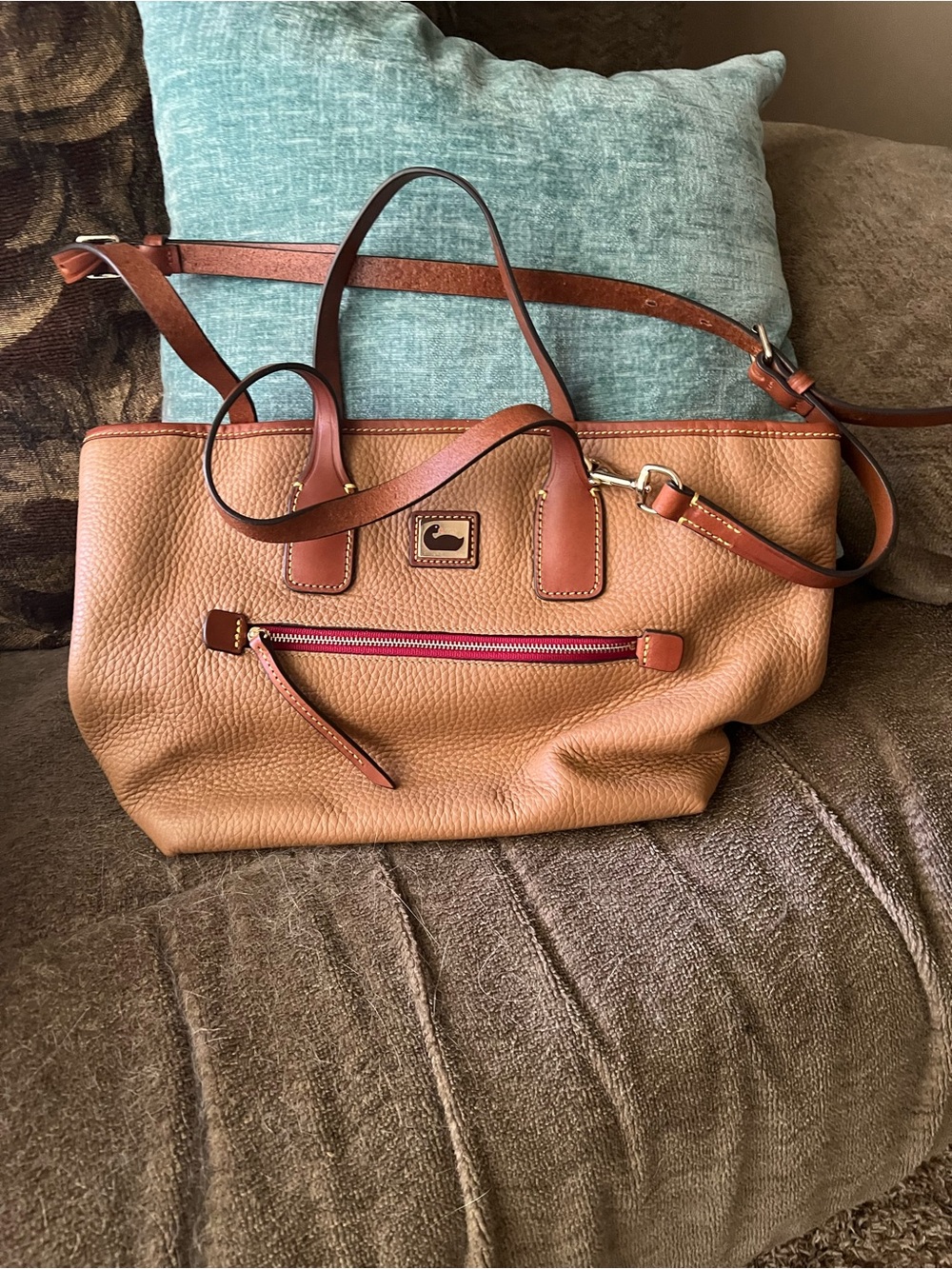 Dooney & Bourke Tan Pebbled Leather Tote with Brown Trim